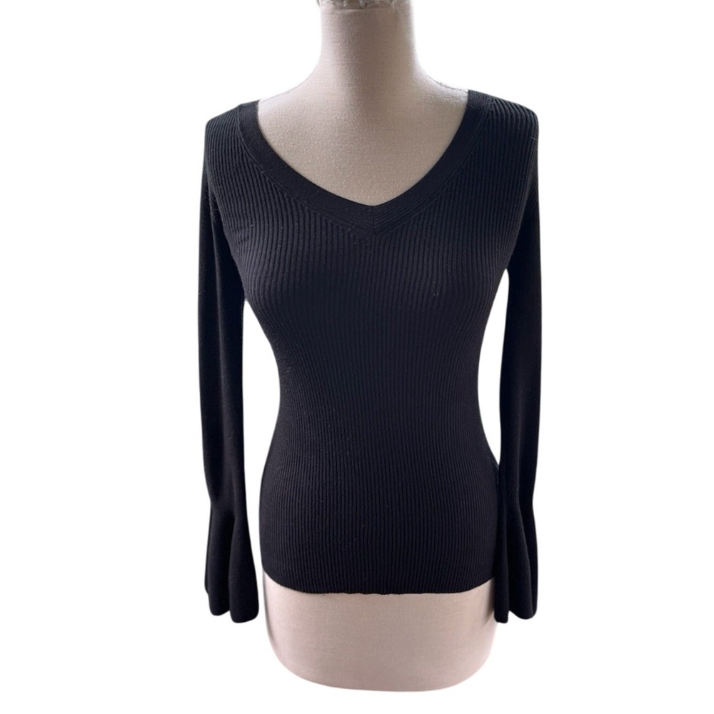 White House Black Market Whimsigoth Black Ribbed V-Neck Bell Sleeve‎ Top XXS